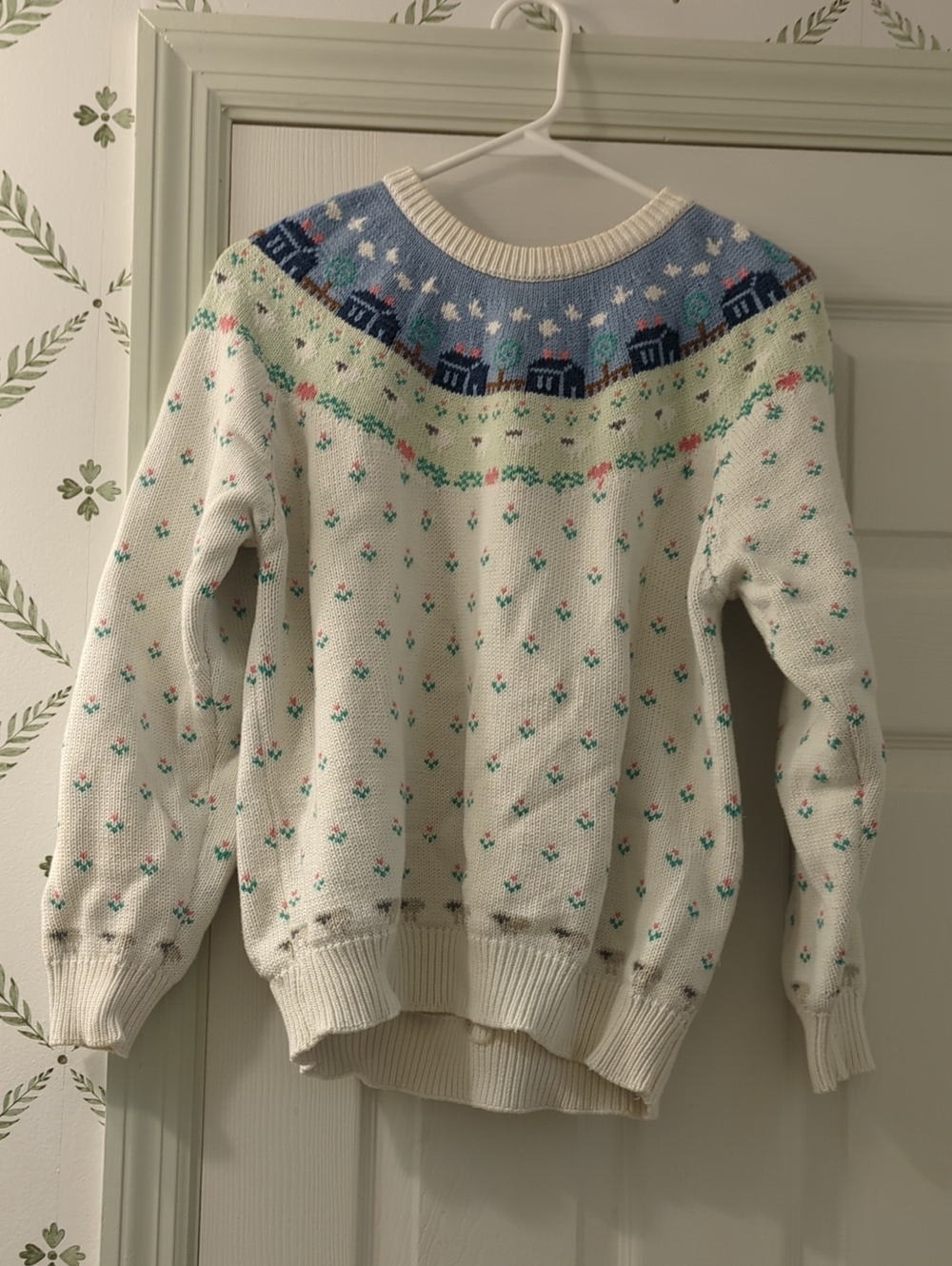 Eddie Bauer Cream Fair Isle Yoke Sweater with Blue Detail